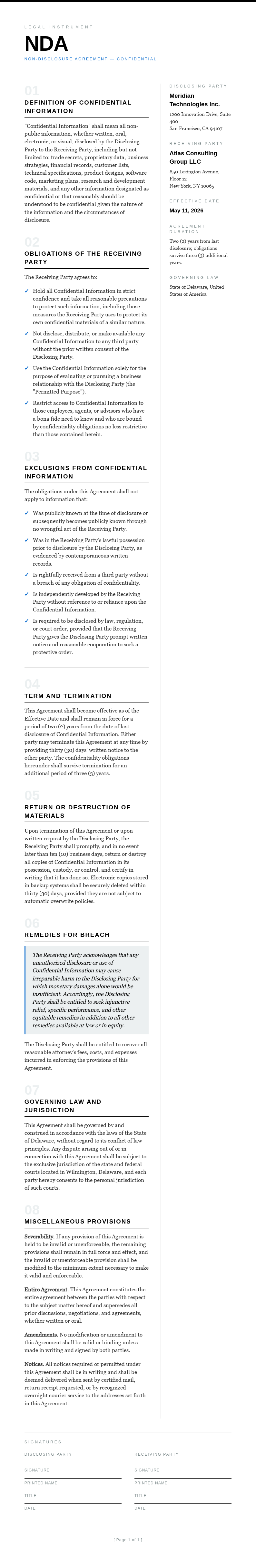 Typographic focused Non Disclosure Agreement